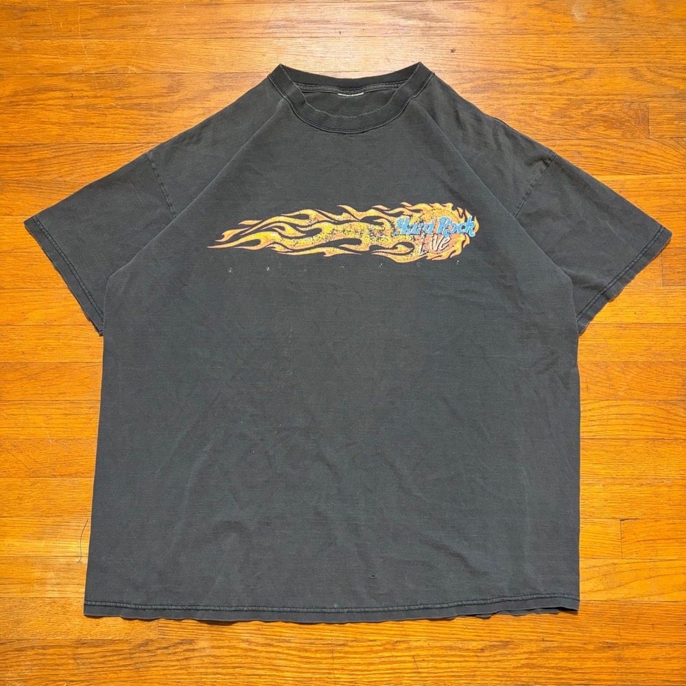 Vintage Hard Rock Live Flame Graphic T-Shirt Faded Black Mens XL